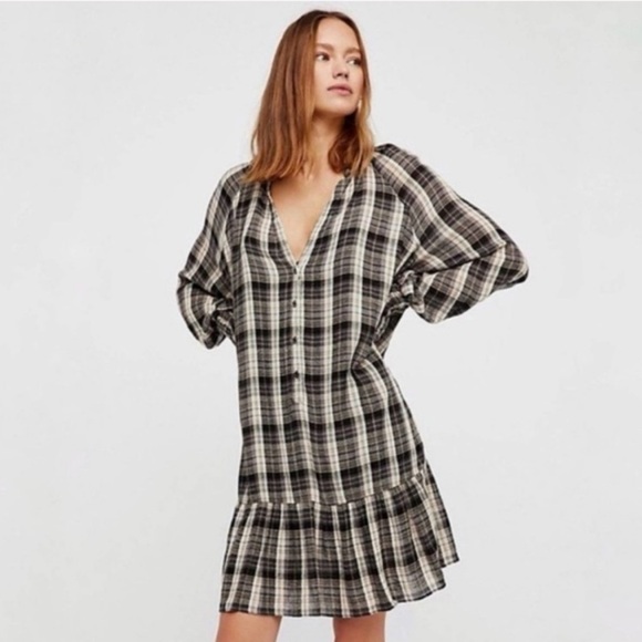 Free People Red Moon Plaid Mini Dress In Blue, Black & Grey Size XS $128 - Picture 2 of 6